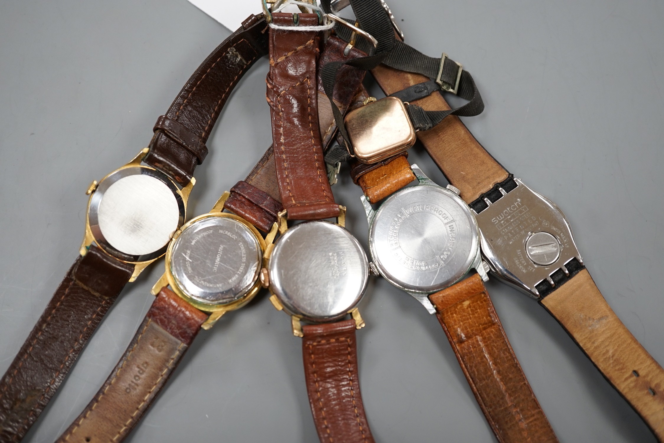 Five gentleman's assorted 1950's and later steel or steel and gold plated wrist watches including Smiths and Bucherer and a lady's 9ct gold wrist watch.